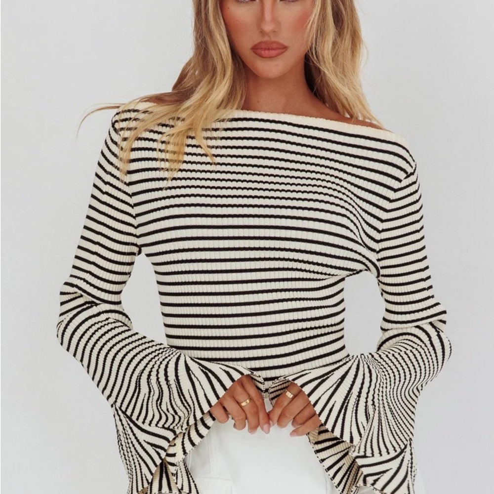 One & Only Striped Black and White Bell Sleeve Sweater